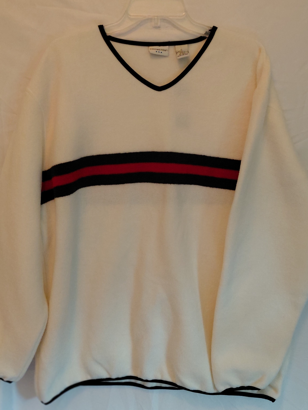 Covington Cream V-Neck Sweater with Black & Red Stripes #2494